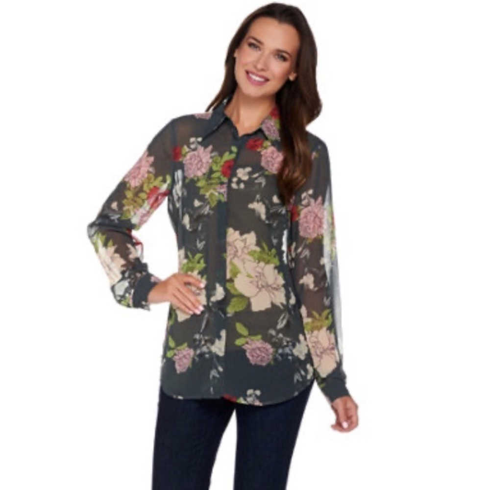 GILI Sheer Long Sleeve Floral Button-Down Shirt 2